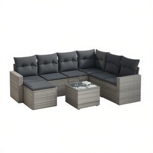 Ensemble de canapés de jardin en rotin gris, 6 places, structure en acier, plateau en verre trempé, mobilier d'extérieur contemporain - Product Image 1