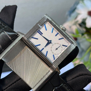 Luxury Rose Gold Reversible Rectangular <b>Watch</b> Silver Dial with Dual Time Zone and Black Leather Strap - Product Image 5