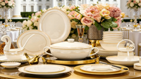 Service de table en céramique de luxe, vaisselle européenne en grès moderne avec bordure dorée