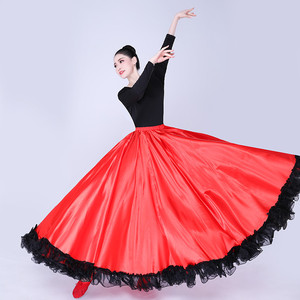 Jupe de danse flamenco pour femme, en satin, grande jupe longue <span class=keywords><strong>maxi</strong></span> évasée, taille élastique, en tulle noir avec ourlet à volants, pour spectacle de corrida espagnole, pour adultes - Product Image 3