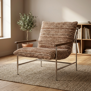 Sillón moderno de mediados de siglo con estructura metálica y brazos de madera, tapicería de tela a rayas, respaldo sólido, muebles para sala de estar - Product Image 3