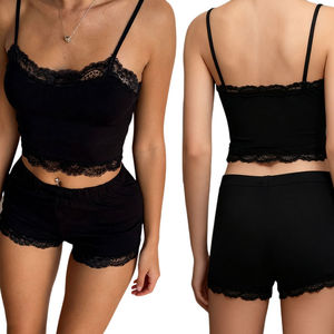 Women's Casual Sport <b>Set</b> 2-Piece Workout Outfit Floral Lace Trim V-Neck Cami Top Knee Skinny Breathable <b>Knitting</b> Shorts - Product Image 3