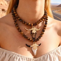 Collar de Piedras de Lava con Estilo Bohemio Tribal, Hecho a Mano con Nudos, Adornado con Diamantes de Imitación, Colgante de Cabeza de Búfalo con Cuernos de Toro