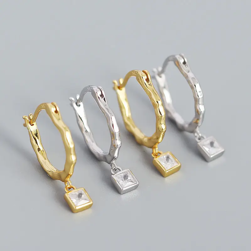 Wish anting-anting menjuntai zirkon berlapis emas geometris perak murni S925 anting-anting Hoop liontin zirkonia kubik persegi tidak beraturan untuk wanita