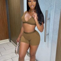 Women's Sets — ensemble deux pièces Fitness pour femmes, couleur unie sans manches, col bas, débardeur motard, Shorts, ensembles assortis, été, X01639L
