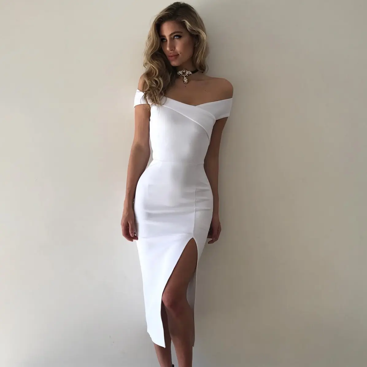 Sexy Women Elegant Pencil Club Clothes Split Vestido Off Shoulder Party Bodycon Midi Pencil women dresses 2022