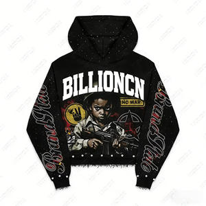 Vêtement de rue personnalisé d'hiver, lourd, délavé, 100% coton, imprimé, court, délavé à l'acide, surdimensionné, zippé, brodé de strass - Product Image 1