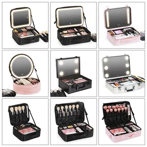 Beauty Travel Makeup Case With Large Lighted Mirror Cosmetic Bag Professional Cosmetic Artist Bag Thread Cover Box Smart