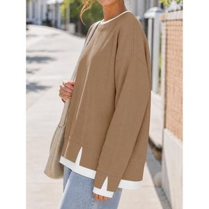 Custom Women Crewneck Sweatshirt Long Sleeve Loose Fit Fall Pullover Side Slits Faux <b>Layered</b> <b>Top</b> - Product Image 3