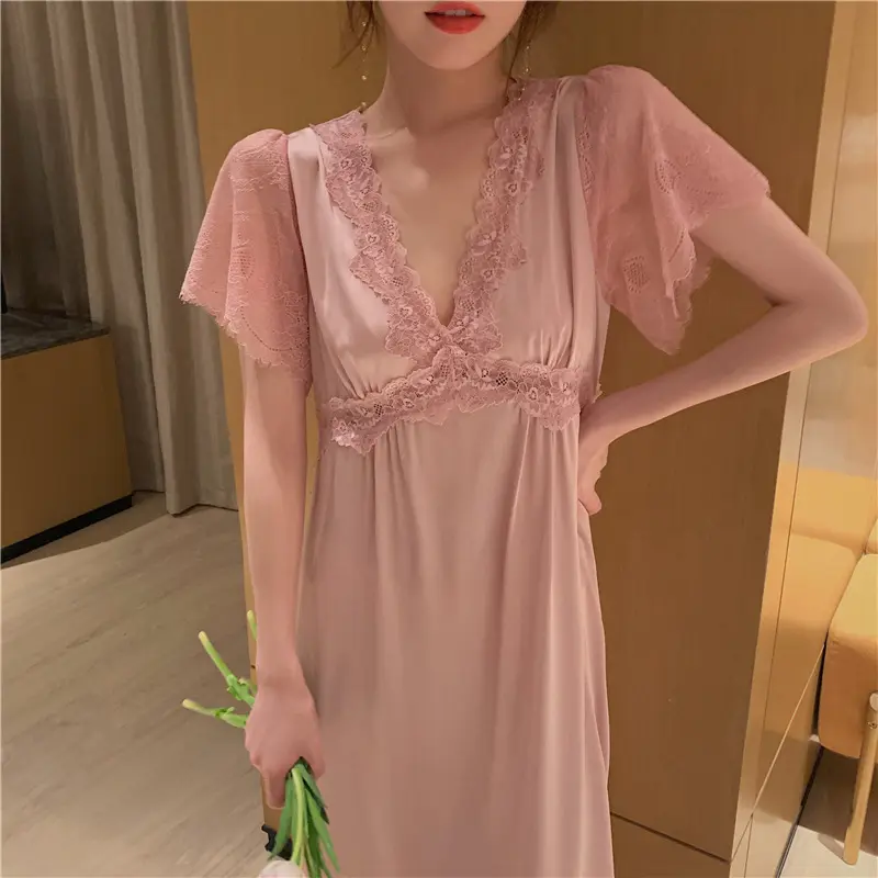 Summer night dress long style short sleeves with chest pad satin silk ladies nighty dress for women for girls