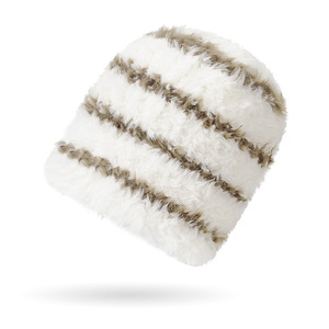 Winter Warm Thickened Fur Striped Knitted Hat For Women Cold Proof Beanie White With Black Ring Light Beige With Brown Ring - Product Image 3