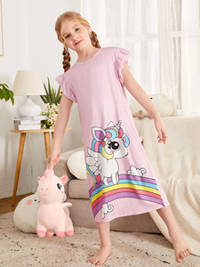 Cartoon Grafik Kinder Baumwolle Nachthemd Volant Ärmel Bambus Pyjama Nacht kleid für Mädchen - Product Image 2