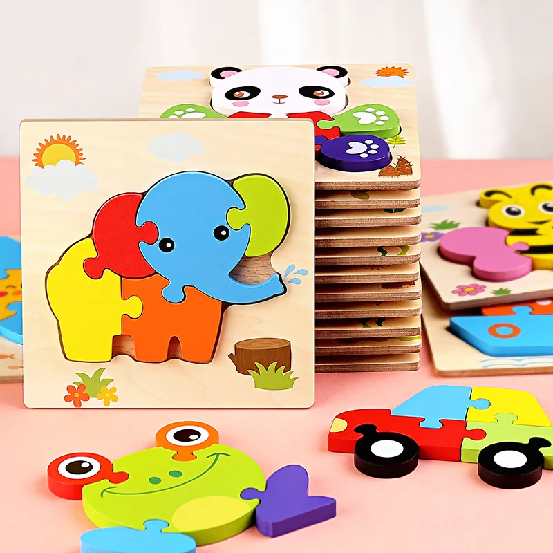 ホット販売赤ちゃん木製おもちゃ3Dパズル漫画動物インテリジェンスジグソーパズル形状マッチングモンテッソーリおもちゃ子供のためのギフト