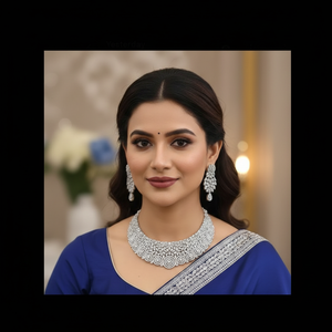 Silver swirl Royale <b>Choker</b> <b>necklace</b> & earrings set featuring intricate spiral swirl patterns with high-sparkle white stones - Product Image 1