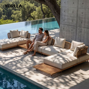 Canapé sectionnel <span class=keywords><strong>de</strong></span> luxe pour bord <span class=keywords><strong>de</strong></span> piscine, base en teck moderne, coussins épais, pour terrasse commerciale - Product Image 1