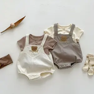 Yaz yenidoğan bebek pamuk 2 adet giysi Set çocuk Boy nefes kazak üst yürümeye başlayan kızlar sevimli baskı Romper seti