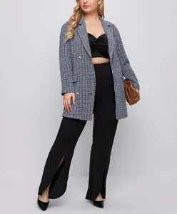 Kualitas OEM Plus Ukuran Wanita Tweed Blazer Double Breasted Wol Plaid Blazer dan Kasual Blazer untuk Wanita