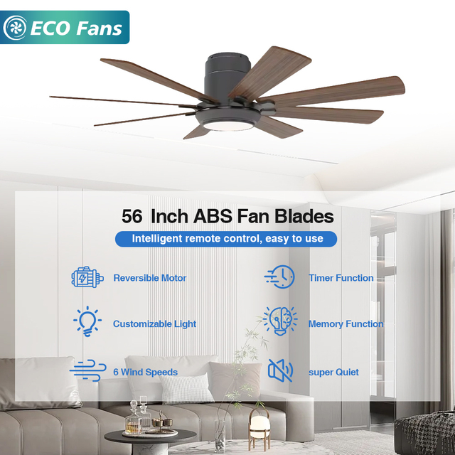 56-Inch Modern Oversized LED Ceiling Fan 8 High-Performance Blades Reversible DC Motor Stepless Dimming Smart Remote for Living
