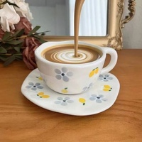 Cangkir Keramik Buatan Tangan Retro Jepang dengan Piring, Mug Kopi Bermotif Unik, Set Cangkir Teh Berpola