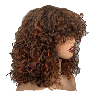 Perruque à boucles de luxe pour femmes <span class=keywords><strong>Cheveux</strong></span> humains Remy doublement étirés avec frange et perruque Fumi courte faite à la machine - Product Image 1