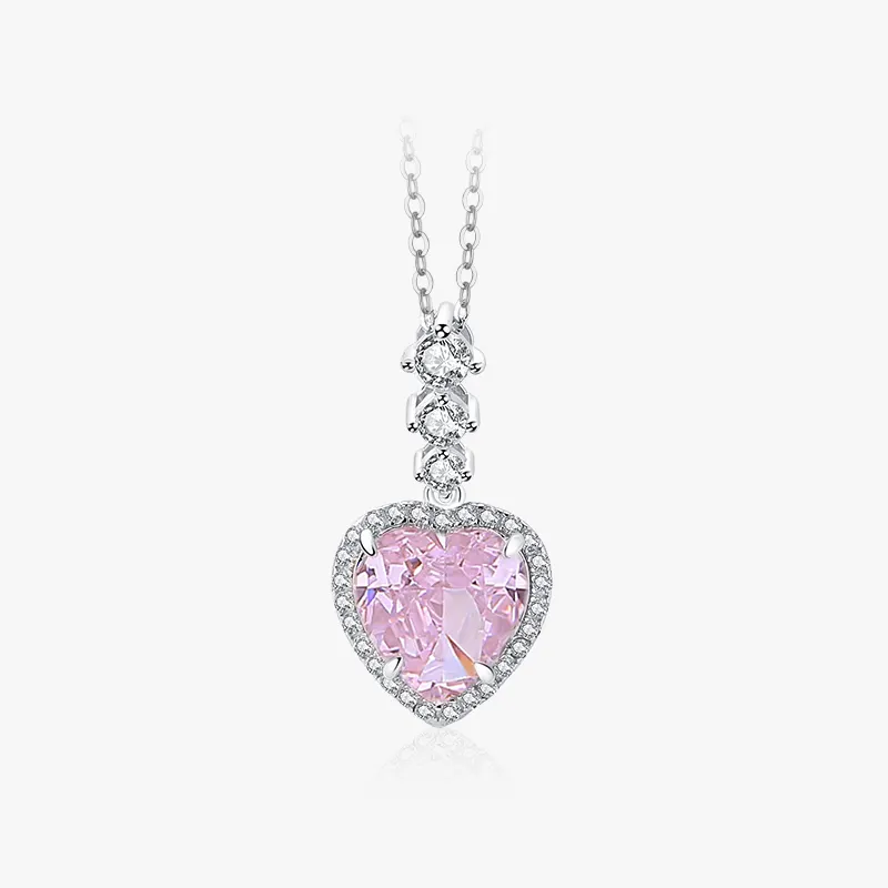 Bling Pink Crushed Ice Cut Heart Shaped Cubic Zirconia Women Pendant 925 Sterling Silver Heart Diamond Necklace