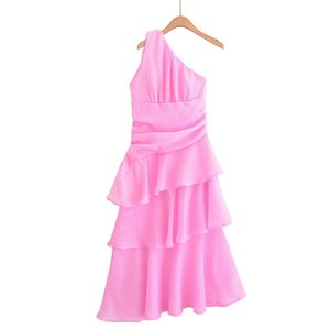 SHENZHU 2025 Autunno Nuova Moda Elegante Abito Lungo Rosa in Tessuto Narcissus con Spalla Obliqua 4933 - Product Image 1