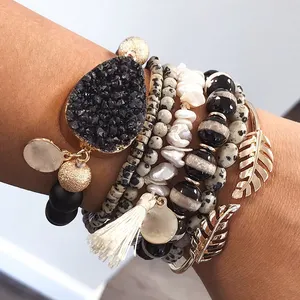 Fashion Women Jewelry Stretch Natural Chip Stone & Glass Crystal Pave Bracelets Charm Elastic Druzy Stack Bracelet Set