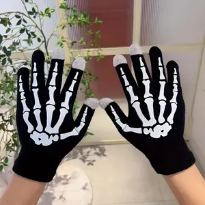 Mùa Đông Halloween Đen Đan Skeleton Không Trượt Màn Hình Cảm Ứng Găng Tay Unisex