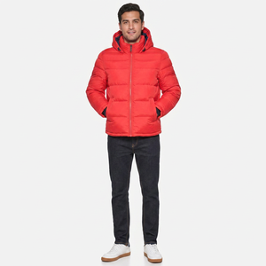 High Street Style Men Puffer <b>Jacket</b> Cotton Fabric Hooded Plain <b>Red</b> Color Long Sleeve Outdoor Warm Durable Winter <b>Jacket</b> For Men - Product Image 1