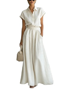 Traje de Dos Piezas para Mujer, Color Sólido, Camisa con Botones y Manga Corta, Pantalones Largos de Cintura Alta con Pliegues y Pierna Ancha, Atuendo Casual para Vacaciones - Product Image 1