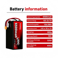 بطارية طائرة بدون طيار TL 6500 مللي أمبير 6S 23.7 فولت عالية التفريغ، TL-6500-6S-23.7V-2، كثافة طاقة عالية 350 واط ساعة/كجم، بطارية ليثيوم فوسفات الحديد (LiFePO4) لطائرات بدون طيار (UAV) وطائرات الإقلاع والهبوط العمودي (VTOL).