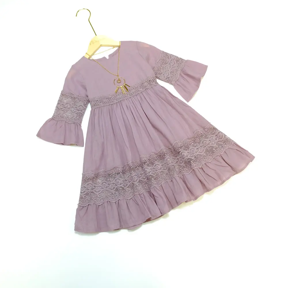 Newest Design Top Quality Short Sleeve Lace Girls Wedding Dress Linen Dress