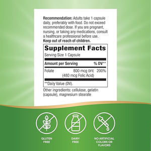 Suplemento de Folato <span class=keywords><strong>Natural</strong></span>, Apoya el Desarrollo del Sistema Nervioso, 800mcg por Porción, Certificado GMP - Product Image 2