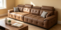 Canapé d'angle modulable en cuir véritable marron camel de qualité supérieure, capitonné, design moderne, multifonctionnel
