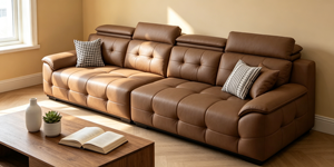 Sofá Seccional en Forma de L de Cuero de Grano Completo Marrón Camel Premium, Sofá Modular Acolchado con Rejilla y Chaise Longue Ajustable - Product Image 2
