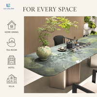 Table à manger rectangulaire en marbre vert avocat Luca |   Plateau en pierre affinée avec base en métal, sur mesure pour hôtel, villa, salle à manger, tailles personnalisées, OEM