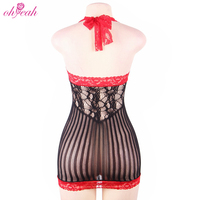 Mini-robe chemise en maille ajourée noire et rouge avec coutures, style crochet, pour femmes matures, grande taille, en résille noire, vente en gros