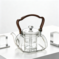 Bouilloire à thé en verre borosilicate transparent avec poignée en bois, infuseur amovible, bec verseur résistant à la chaleur, couvercle, pot de préparation de thé pour la maison