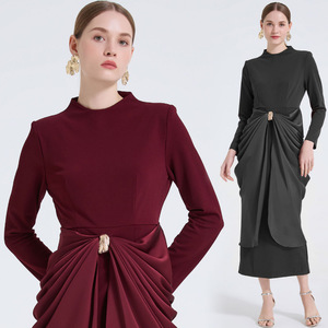 Vestido de Noche de Color Sólido con Pliegues, Cintura Imperio, Cuello Redondo, Manga Larga, Falda Maxi con Abertura, Ecológico, Moderno y Elegante - Product Image 2