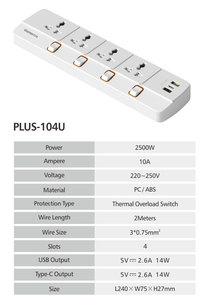 Enchufe de Mesa PLUS-104U con 3 Tomas de Corriente y USB-A/C, Extensión Universal de Viaje, Interruptor de Sobrecarga de 10A, Funciones de Prevención de Incendios - Product Image 2