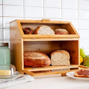 厨房竹制面包箱和盒子，用于反双层面包存储，带透明窗户