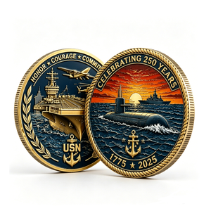 Pièce commémorative du 250e anniversaire de l'US Navy, en laiton plaqué or, frappée à la presse, motif patriotique, jeton circulaire, honneur, courage, engagement - Product Image 4