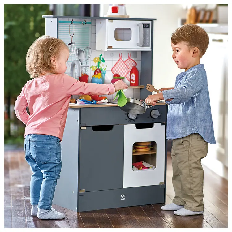 Hape ชุดเครื่องครัวไม้ขนาดใหญ่สำหรับเด็ก,ชุดของเล่นไม้สำหรับเด็กพร้อมไอน้ำหมอกแบบหลอกบทบาทสมมติ