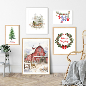 Peinture sur toile murale style moderne, motif rennes, traîneau, sapin de Noël, décorations de Noël, cadeaux, chaussettes imprimées, pour la décoration de la maison et du salon - Product Image 2