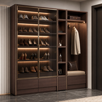 Meuble à chaussures moderne pour entrée avec portes vitrées, armoire de rangement en bois sur mesure pour couloir, porte-manteau et banc, mobilier de maison