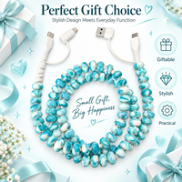 Câble de charge rapide multi-USB 4-en-1 en marbre bleu côtier avec perles, accessoires de voiture, cadeau tendance, cordon Type C