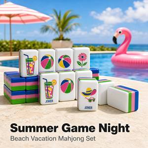 Ensemble de Mahjong Américain Thème Plage Estivale avec Tuiles en Bambou, Boule de Plage et Cartes Joker pour Soirées Jeux, Fêtes et Vacances - Product Image 2