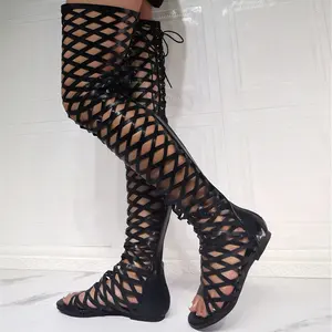 Roman Shoes Black Gladiator Boots Hollow Out Summer Women Over Knee High Boots Flat Heel Sandal Back Zip Lace Up Big Size 47
