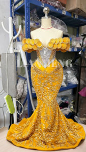 LM L693 Lussuoso Abito da Sera Arancione a Sirena con Spalle Scoperte, Corpetto Decorato e Coda Lunga fino al Pavimento - Product Image 2