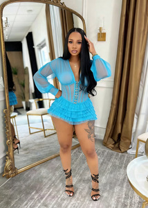 Long Sleeve Romper <strong>Shorts</strong> <strong>Jumpsuits</strong> <strong>for</strong> <strong>Women</strong> Sexy Deep V-neck Waist Cincher Mesh Patchwork Ruffle One-Piece <strong>Jumpsuit</strong> Bodysuits - Product Image 2